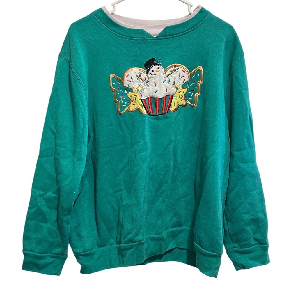 BonWorth Christmas Snowman Cupcake Sweatshirt Petite XL Green Holiday 90s VTG